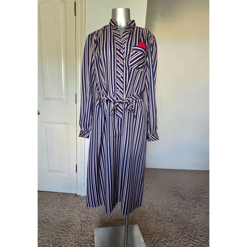 Vintage 1970's Old Money/Quiet Luxury Navy & Tan Shirt Dress | Women's size 12